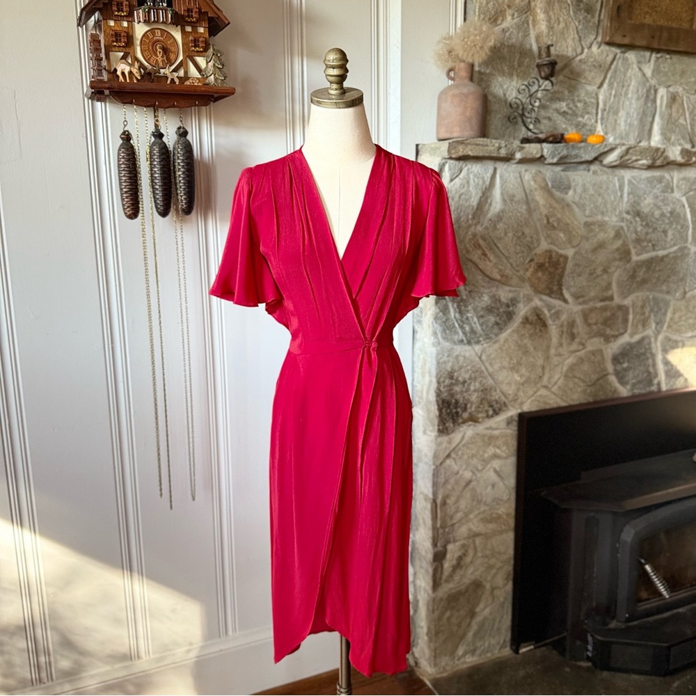 1970s Flutter Sleeve Cherry Red Wrap Midi Vintage Dress size 4